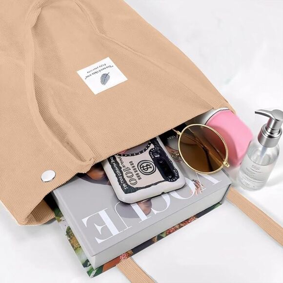 Women Khaki Imported Corduroy Small Canvas Shoulder Handy Tote Bag - Picture 2 of 4